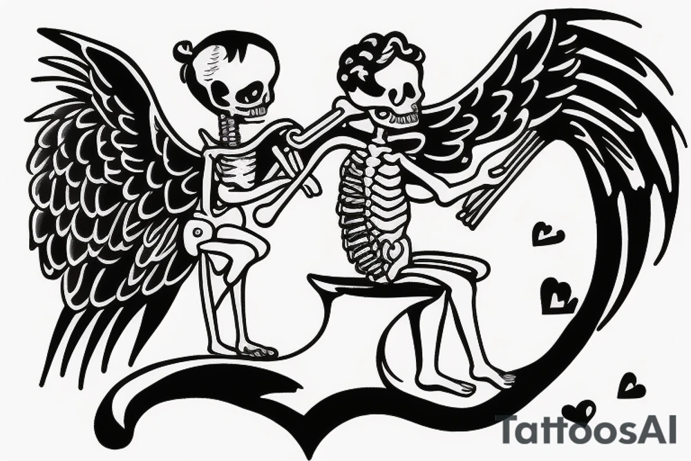 cupid and a skeleton sitting on a cloud together tattoo idea cupid and a skeleton sitting on a cloud together tattoo idea