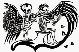 cupid and a skeleton sitting on a cloud together tattoo idea