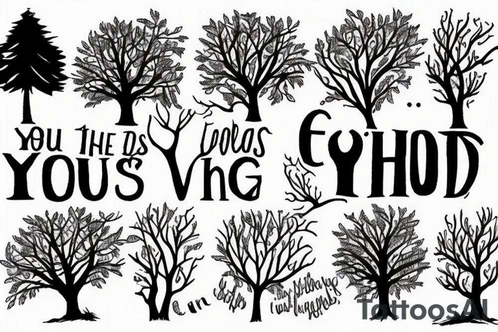 Trees with the text "you kept looking but you can't find the woods, while you're hiding in the trees" tattoo idea
