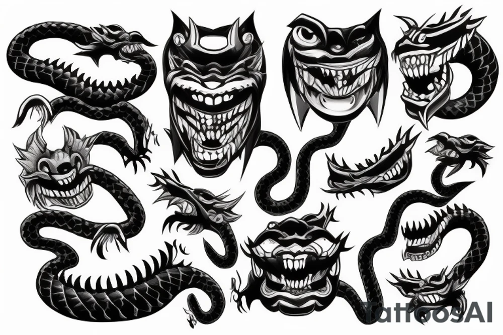 japan mask oni with big teeth and snake around tattoo idea