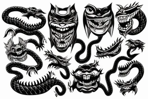 japan mask oni with big teeth and snake around tattoo idea