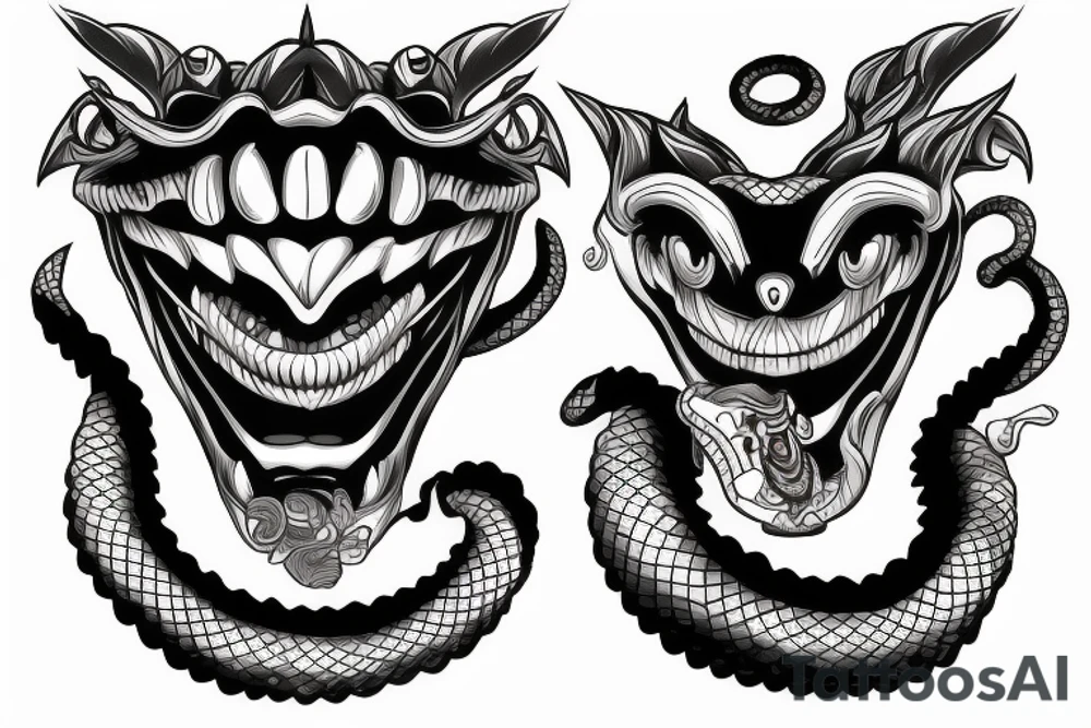 japan mask oni with big teeth and snake around tattoo idea