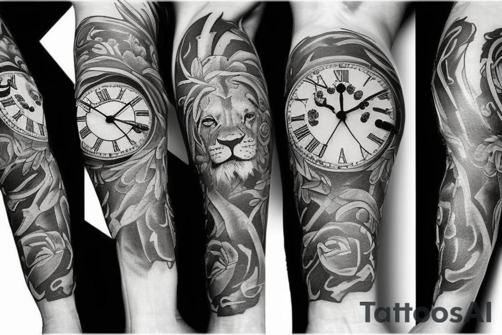 Lion with clock tattoo idea