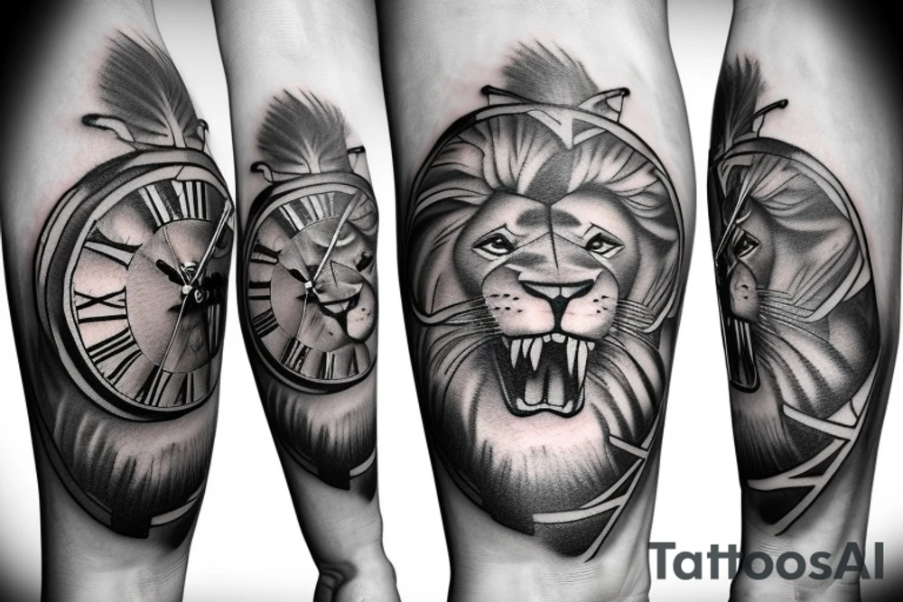 Lion with clock tattoo idea