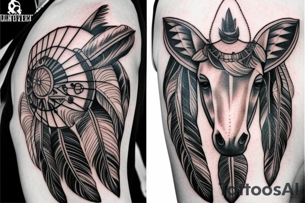 Horse head and dream catcher shoulder tattoo tattoo idea
