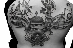 church dome outside russian jail on a full man's back tattoo idea