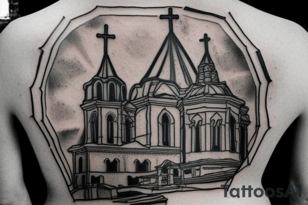 church dome outside russian jail on a full man's back tattoo idea