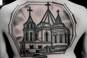 church dome outside russian jail on a full man's back tattoo idea