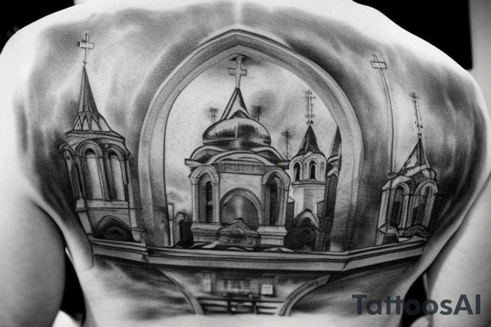 church dome outside russian jail on a full man's back without outline tattoo idea