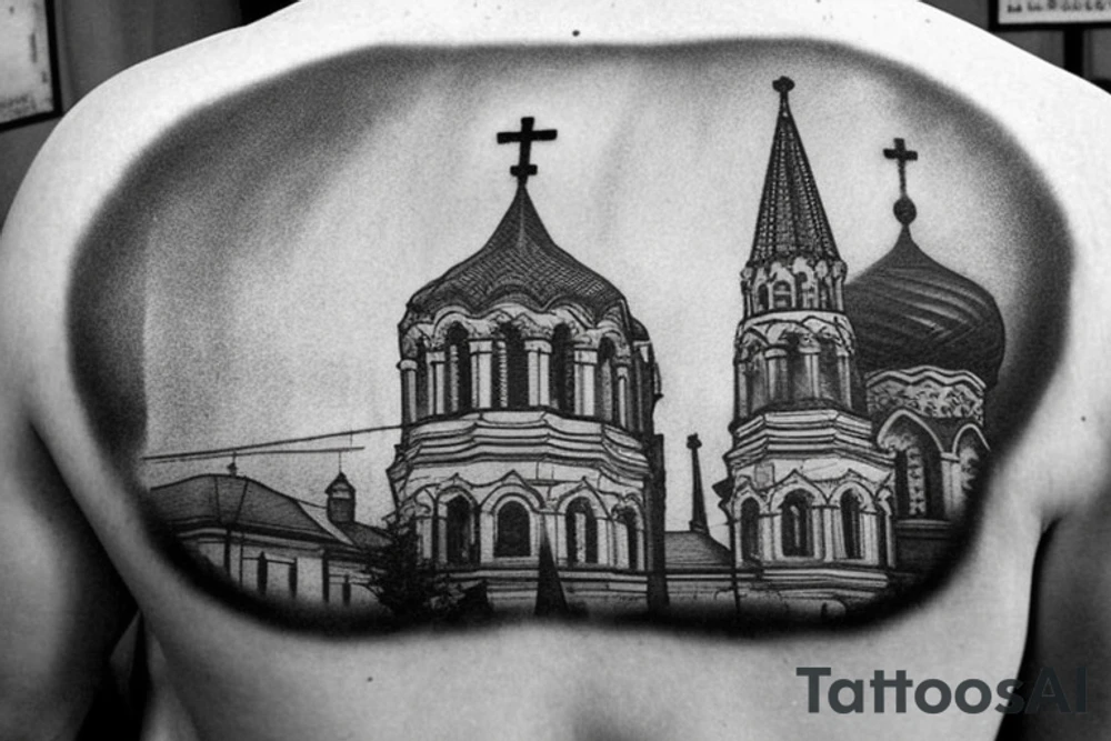 church dome outside russian jail on a full man's back without outline tattoo idea