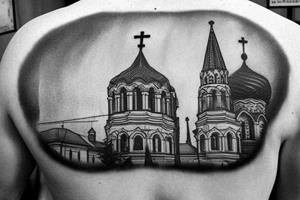 church dome outside russian jail on a full man's back without outline tattoo idea