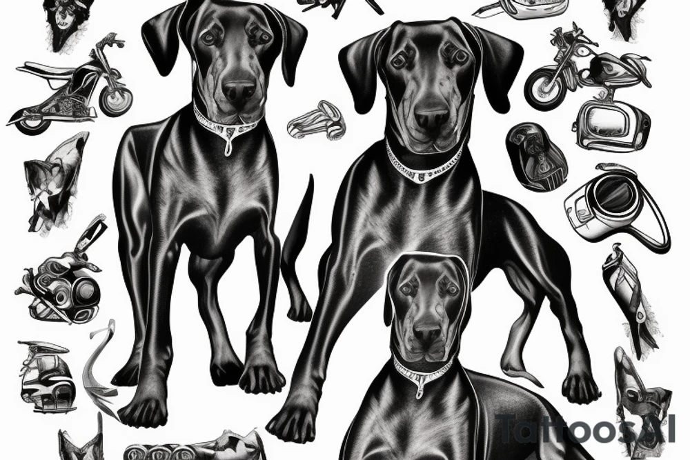 doberman in a strict suit on the background of a sports motorcycle tattoo idea