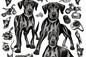 doberman in a strict suit on the background of a sports motorcycle tattoo idea