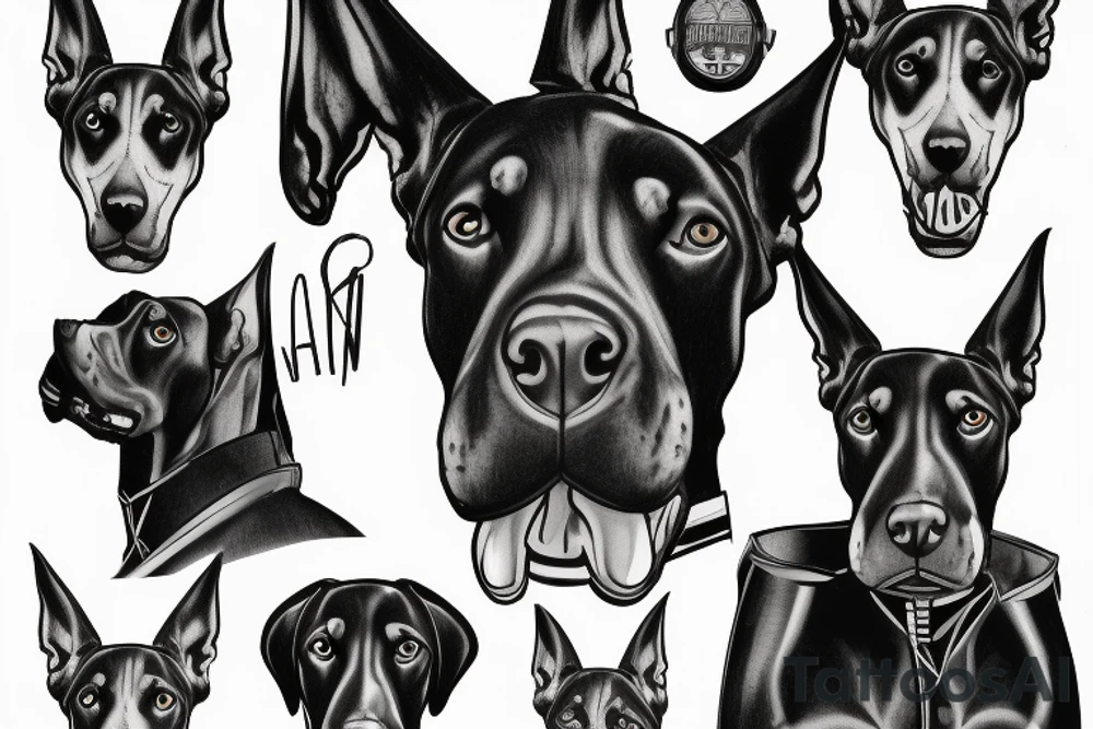 doberman in a strict suit on the background of a sports motorcycle tattoo idea