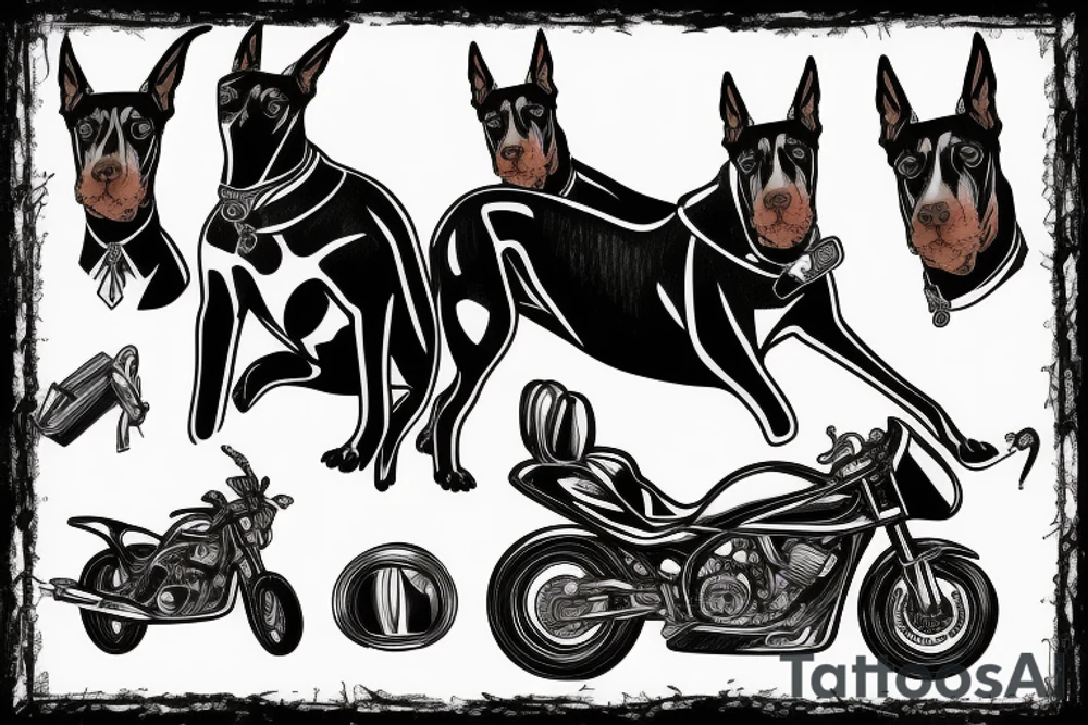 doberman in a strict suit on the background of a sports motorcycle tattoo idea