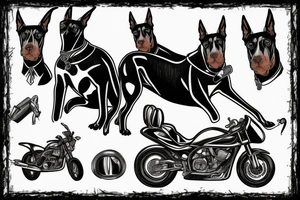 doberman in a strict suit on the background of a sports motorcycle tattoo idea