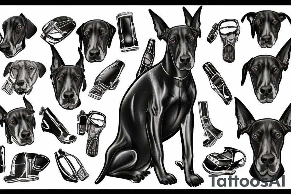 doberman in a strict suit on the background of a sports motorcycle tattoo idea
