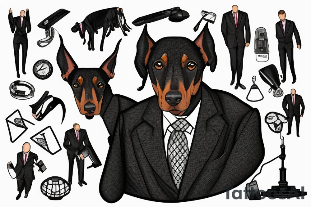 doberman in a strict office suit and in the background a sports bike tattoo idea