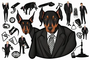 doberman in a strict office suit and in the background a sports bike tattoo idea