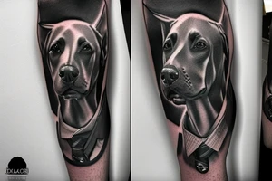 doberman in a strict office suit and in the background a sports bike tattoo idea