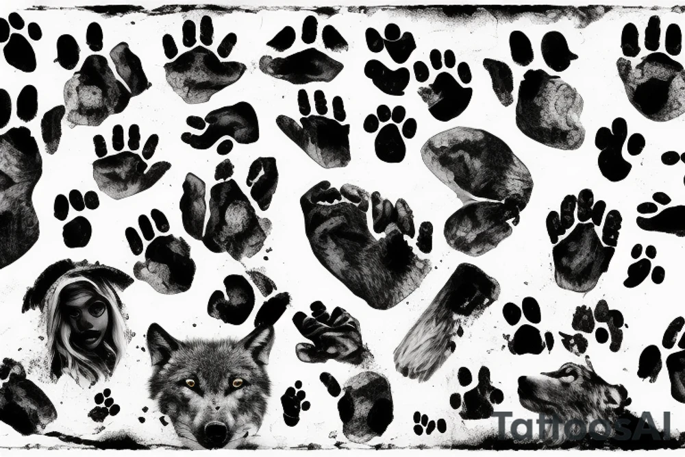 stone wall with wolf's head and paw prints tattoo idea