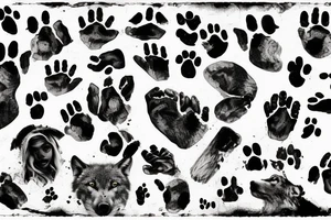 stone wall with wolf's head and paw prints tattoo idea