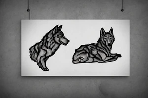 stone wall with wolf's head and paw prints tattoo idea