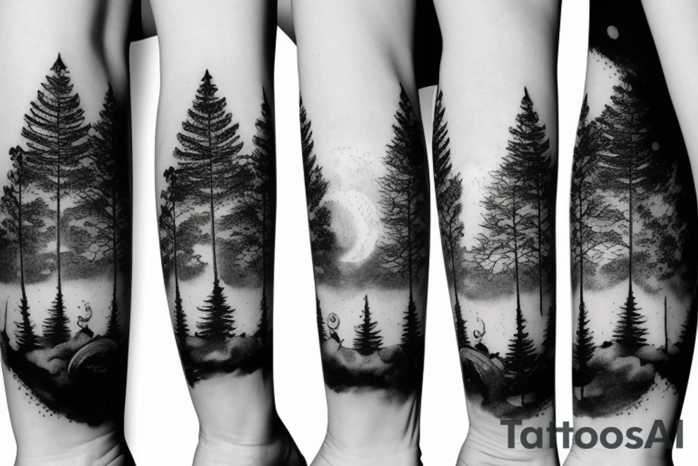 Forest with moon and lake tattoo idea