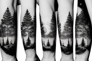 Forest with moon and lake tattoo idea