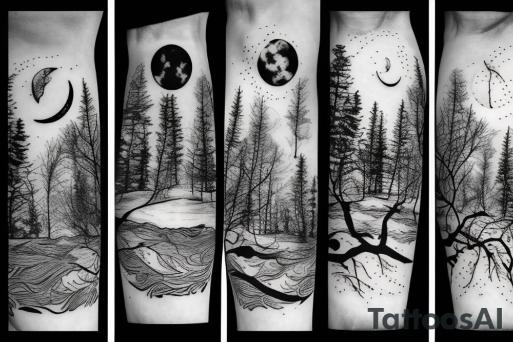 Forest with moon and lake tattoo idea