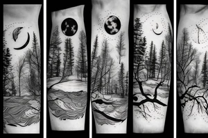 Forest with moon and lake tattoo idea