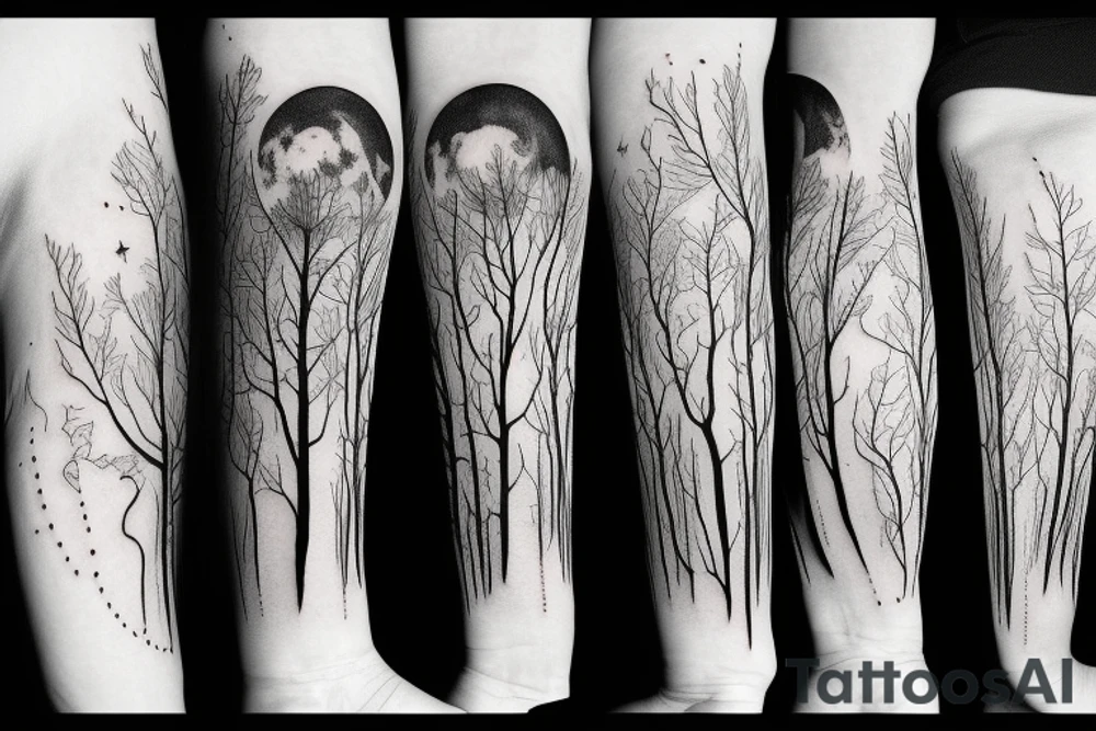 Forest with moon and lake forearm tattoo idea Forest with moon and lake forearm tattoo idea