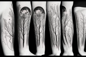 Forest with moon and lake forearm tattoo idea