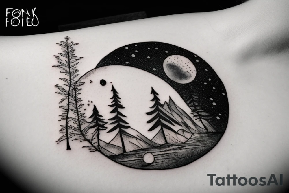 Forest with moon and lake forearm tattoo idea Forest with moon and lake forearm tattoo idea