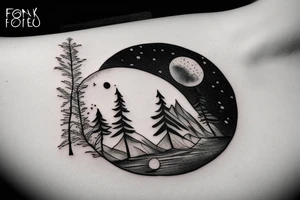 Forest with moon and lake forearm tattoo idea