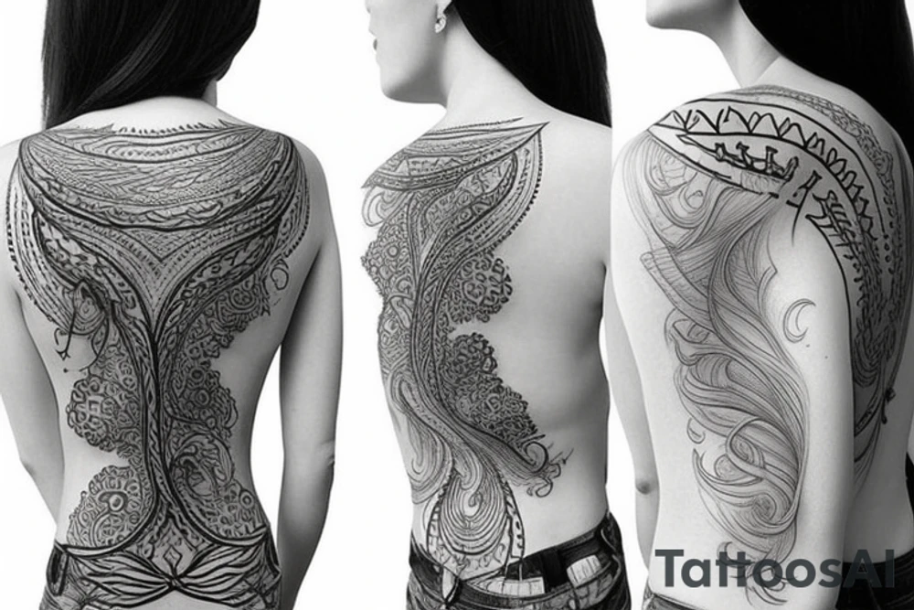 Long flowy tattoo that shows radiant energy in the shape of a slim tree placed on the back tattoo idea