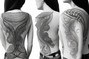 Long flowy tattoo that shows radiant energy in the shape of a slim tree placed on the back tattoo idea