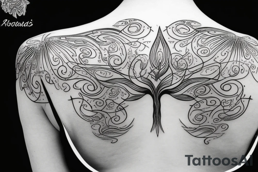 Long flowy tattoo that shows radiant energy in the shape of a slim tree with tribal leaves placed on the back tattoo idea