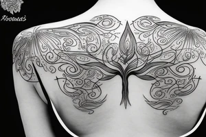 Long flowy tattoo that shows radiant energy in the shape of a slim tree with tribal leaves placed on the back tattoo idea