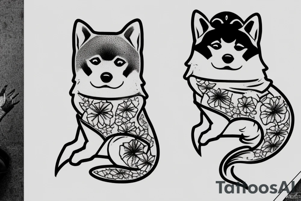 Shiba inu sitting down wearing a japanese kitsune mask facing forward tattoo idea