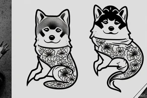 Shiba inu sitting down wearing a japanese kitsune mask facing forward tattoo idea