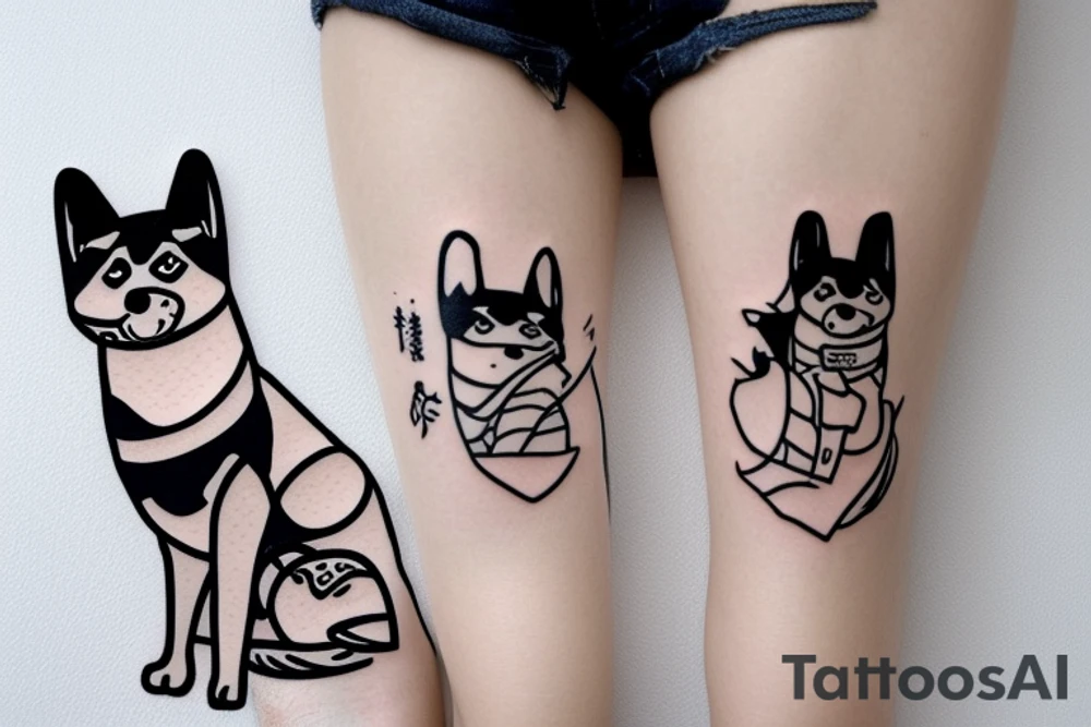 Shiba inu sitting down wearing a japanese kitsune mask facing forward tattoo idea