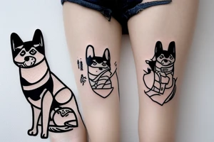 Shiba inu sitting down wearing a japanese kitsune mask facing forward tattoo idea