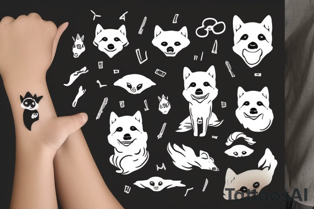 Shiba inu dog sitting down wearing a kitsune mask tattoo idea