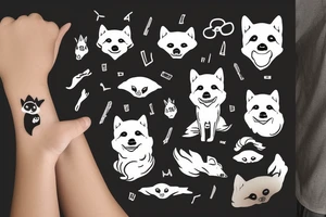 Shiba inu dog sitting down wearing a kitsune mask tattoo idea