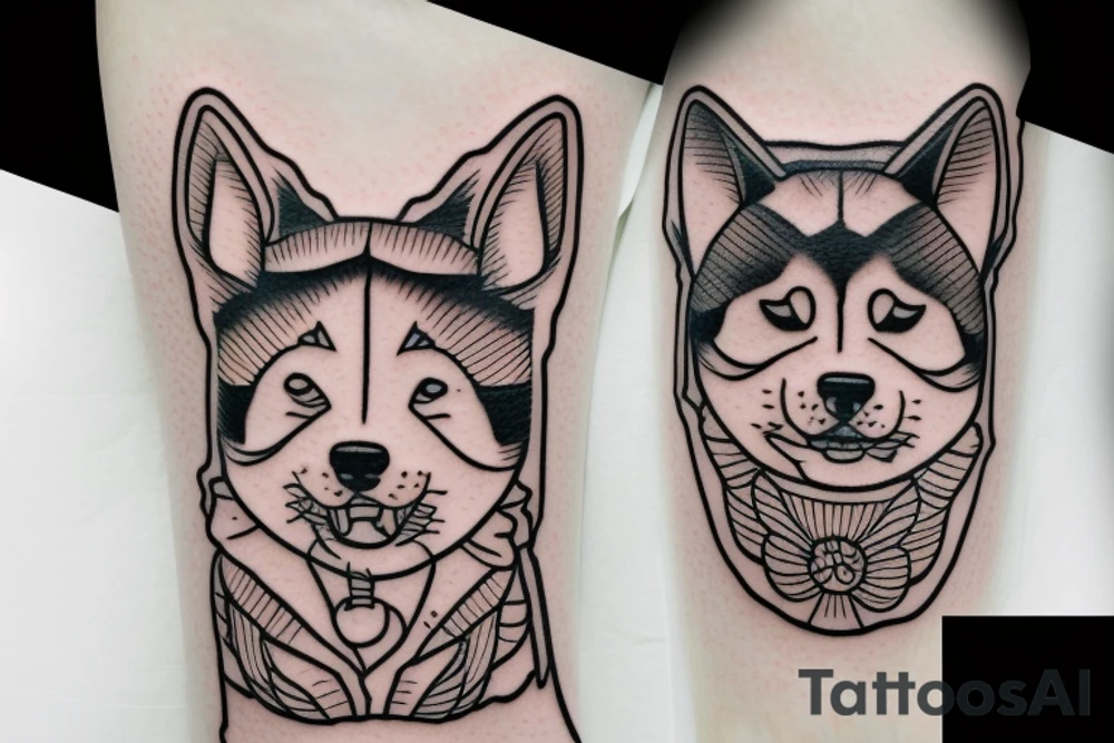 Shiba inu dog sitting down wearing a kitsune mask tattoo idea