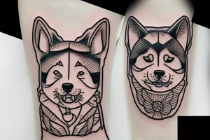 Shiba inu dog sitting down wearing a kitsune mask tattoo idea