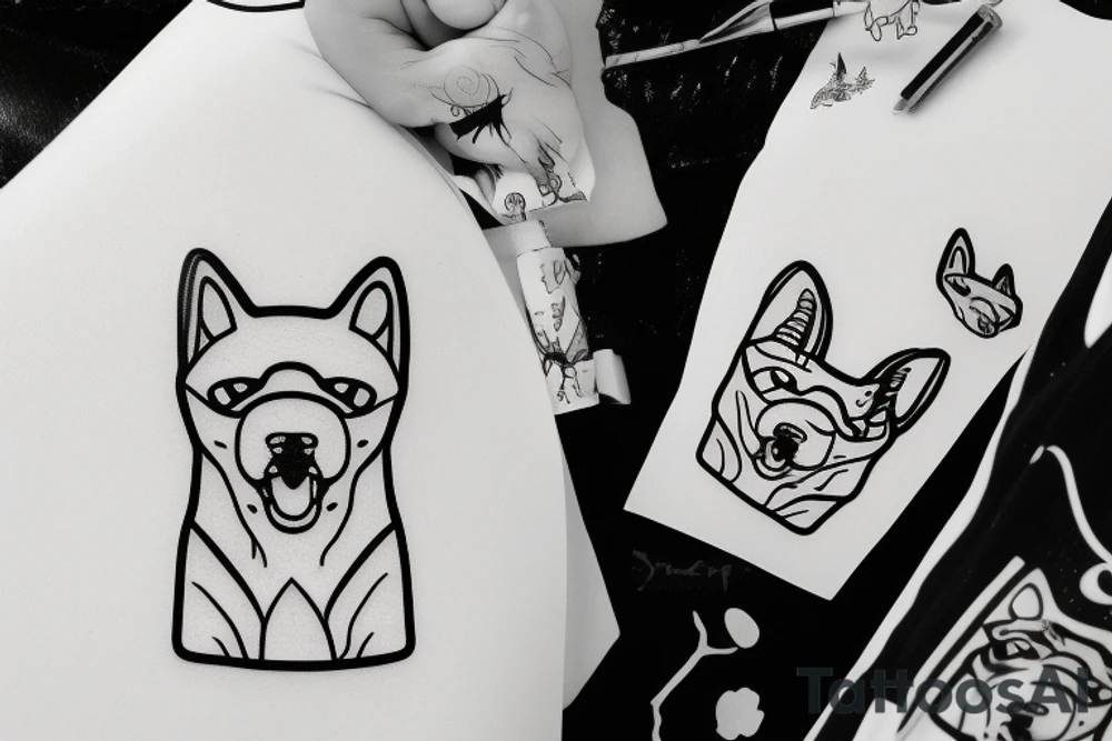 Shiba inu dog sitting down wearing a kitsune mask tattoo idea