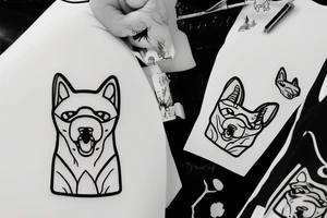 Shiba inu dog sitting down wearing a kitsune mask tattoo idea