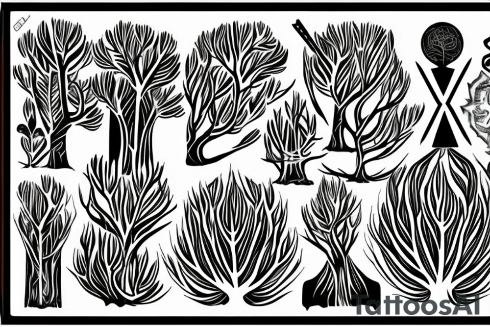 Long slim tree across the back that contains radient energy and tribal leaves tattoo idea